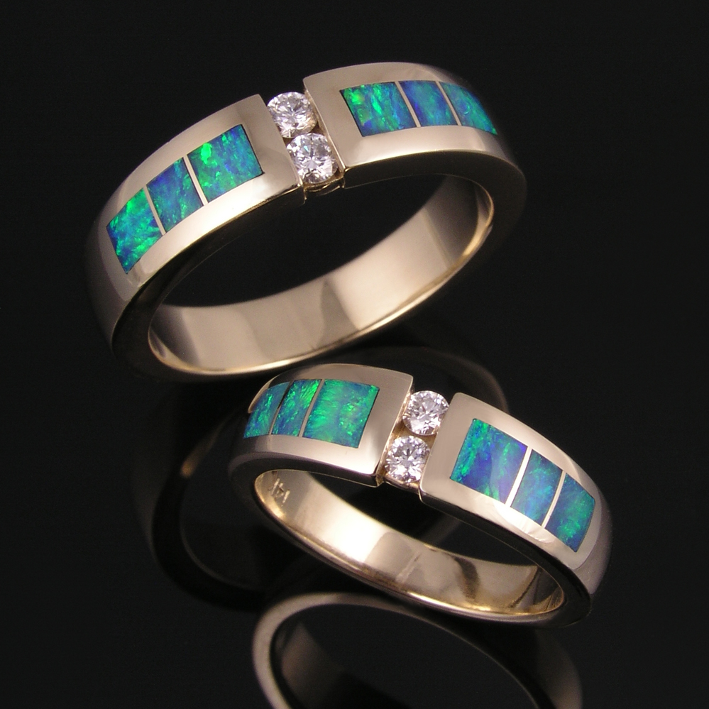 Australian opal and diamond wedding ring set in 14k gold