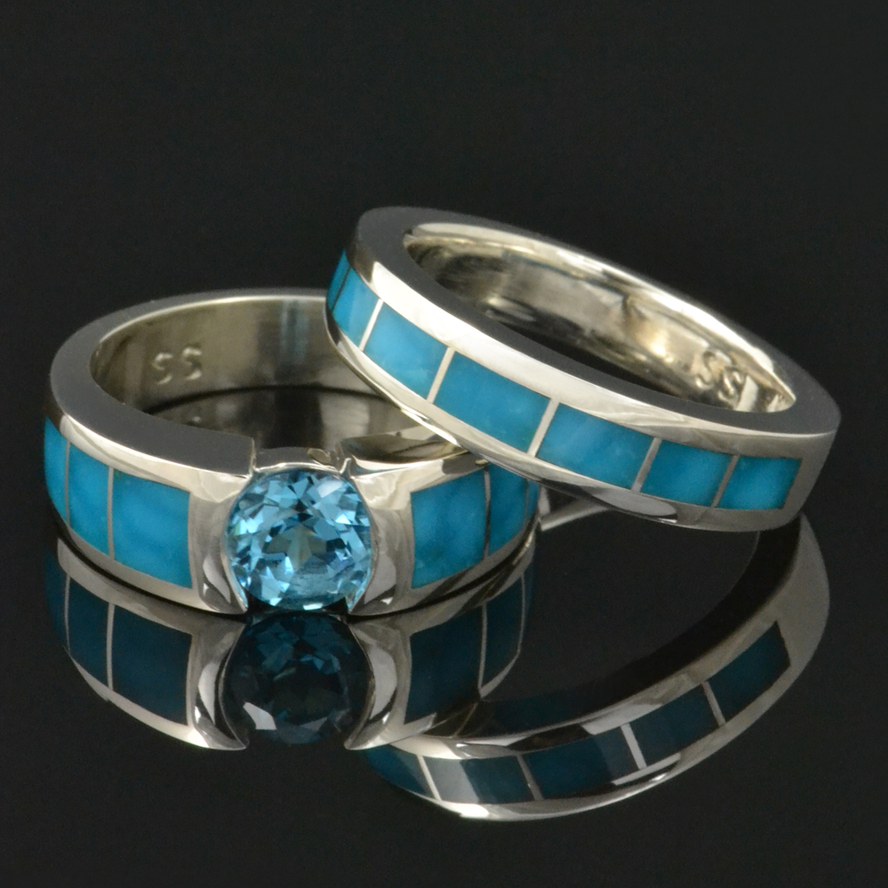 Blue topaz and turquoise wedding ring set in sterling silver.