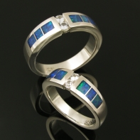 White sapphire wedding ring set with Australian opal inlay in sterling silver