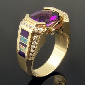 Australian opal inlay ring with sugilite and amethyst accents