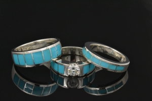 Turquoise and moissanite wedding and engagement ring set.