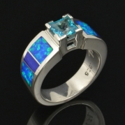 Paraiba blue topaz engagement ring with lab opal and lapis inlaid in sterling silver by Hileman Silver Jewelry.