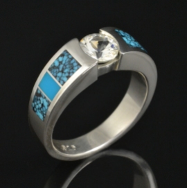 White sapphire and turquoise engagement ring by Hileman Silver Jewelry.