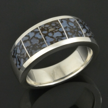 Blue dinosaur bone ring in sterling silver by Hileman Silver Jewelry.