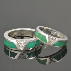 Chrysoprase wedding ring set with pave` set white sapphire in sterling silver.